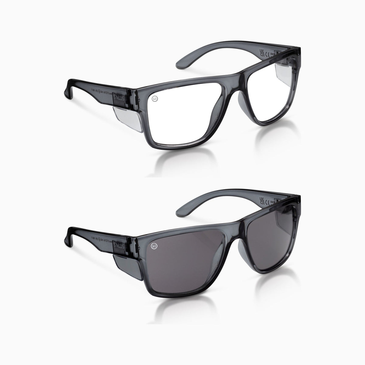 Salus Nova all smoked safety glasses bundle: clear lens pair and UV400 smoked lens pair